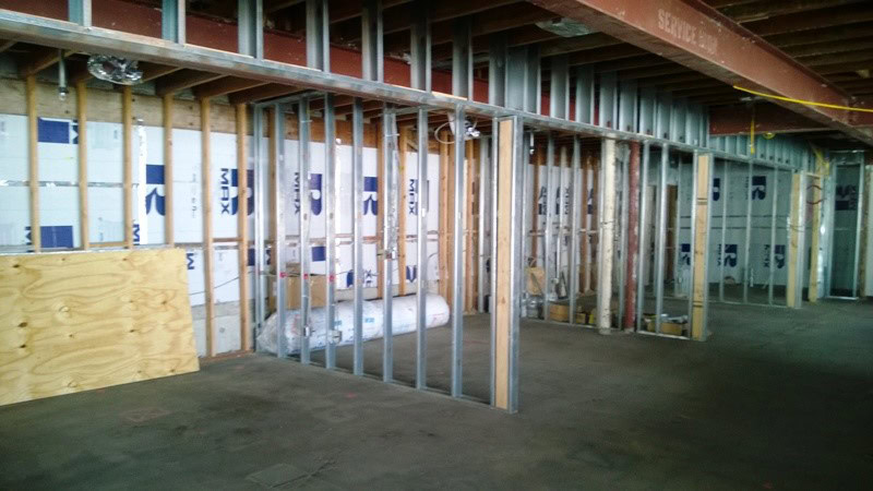 Construction of new offices, metal framing and studs in place.